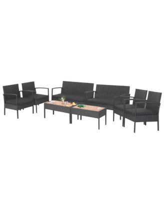 8PCS Patio Rattan Furniture Set Cushioned Chair Wooden Tabletop Black