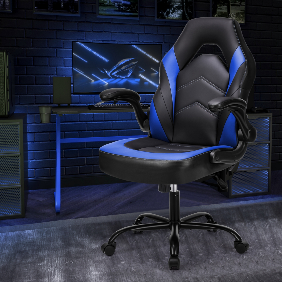 Streamdale Furniture Ergonomic Flipable Armrest Pu Leather Gaming Chair with S Curve Support - Black+blue