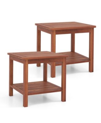 Double-Tier Acacia Wood Patio Side Table with Slatted Tabletop and Shelf