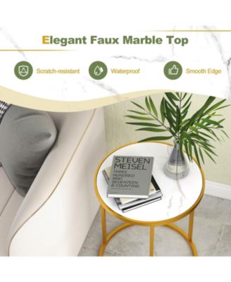 Set of 2 Round Side Tables with Marble Top and Gold Metal Frame for Living Room