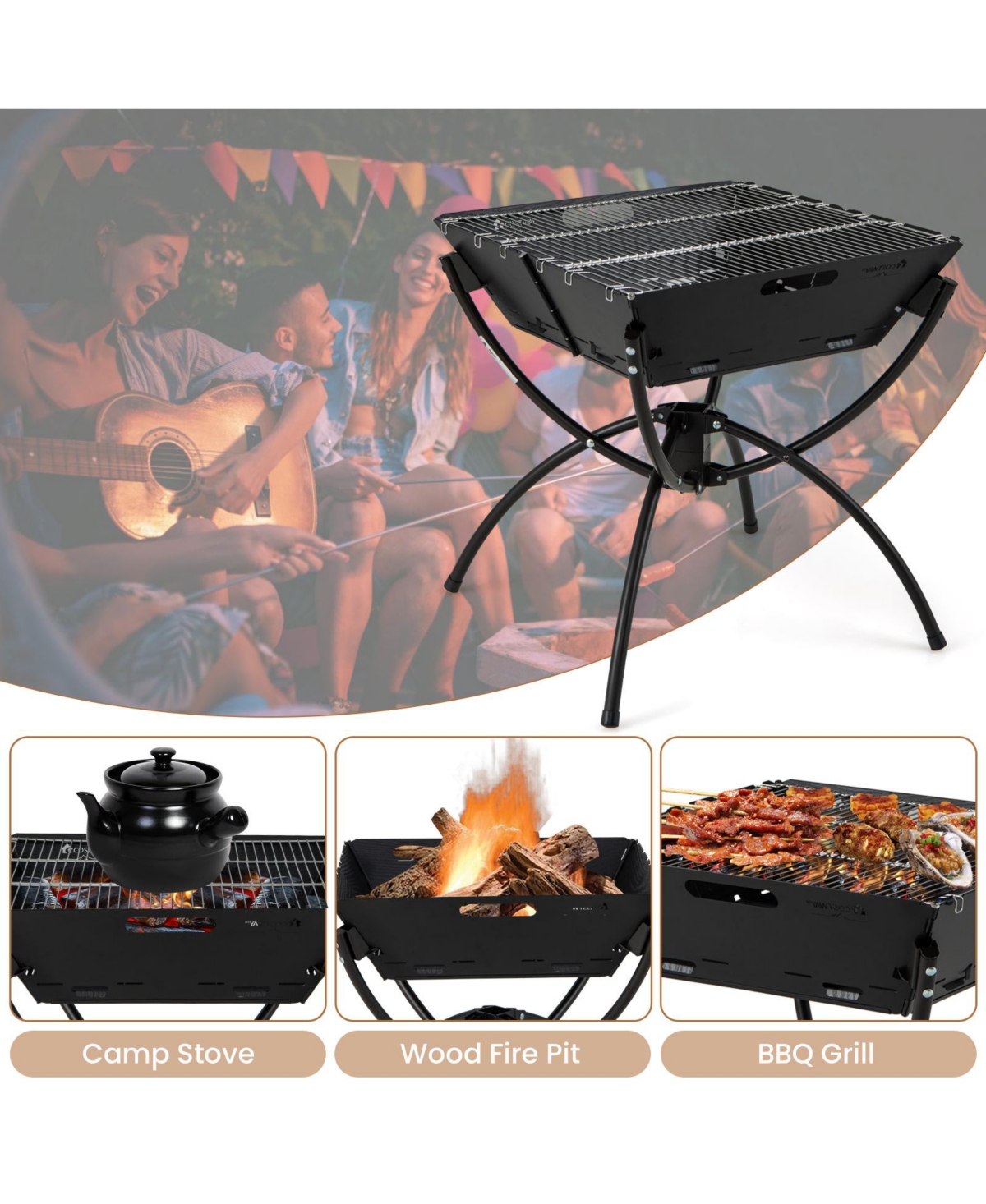 Slickblue 3-in-1 Camping Campfire Grill with Stainless Steel Grills Carrying Bag & Gloves
