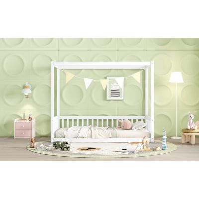 Twin Size Canopy Frame Floor Bed with Fence, Guardrails