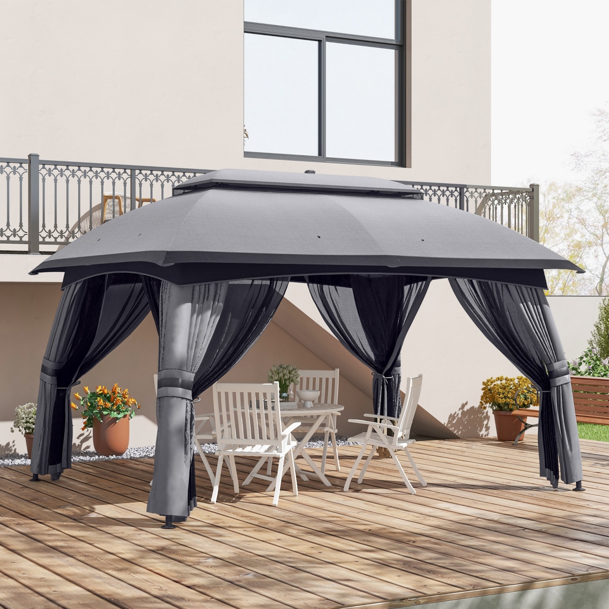 Spacious Outdoor Gazebo with Mesh Netting for Group Activities and Protection