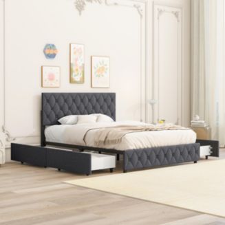 Queen Size Upholstered Platform Bed Frame with 4 Storage Drawers ...