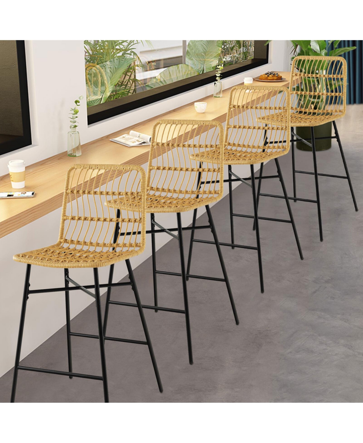 Slickblue Set of 2 Rattan Bar Stools with Sturdy Metal Frame-Natural - Natural and Black