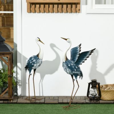 2pc Heron Garden Statues, Metal Yard Art Bird Sculptures,