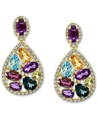 EFFY&reg; Multi-Gemstone (4-1/3 ct. t.w.) & Diamond (3/8 ct. t.w.) Pear Halo Drop Earrings in 14k Gold