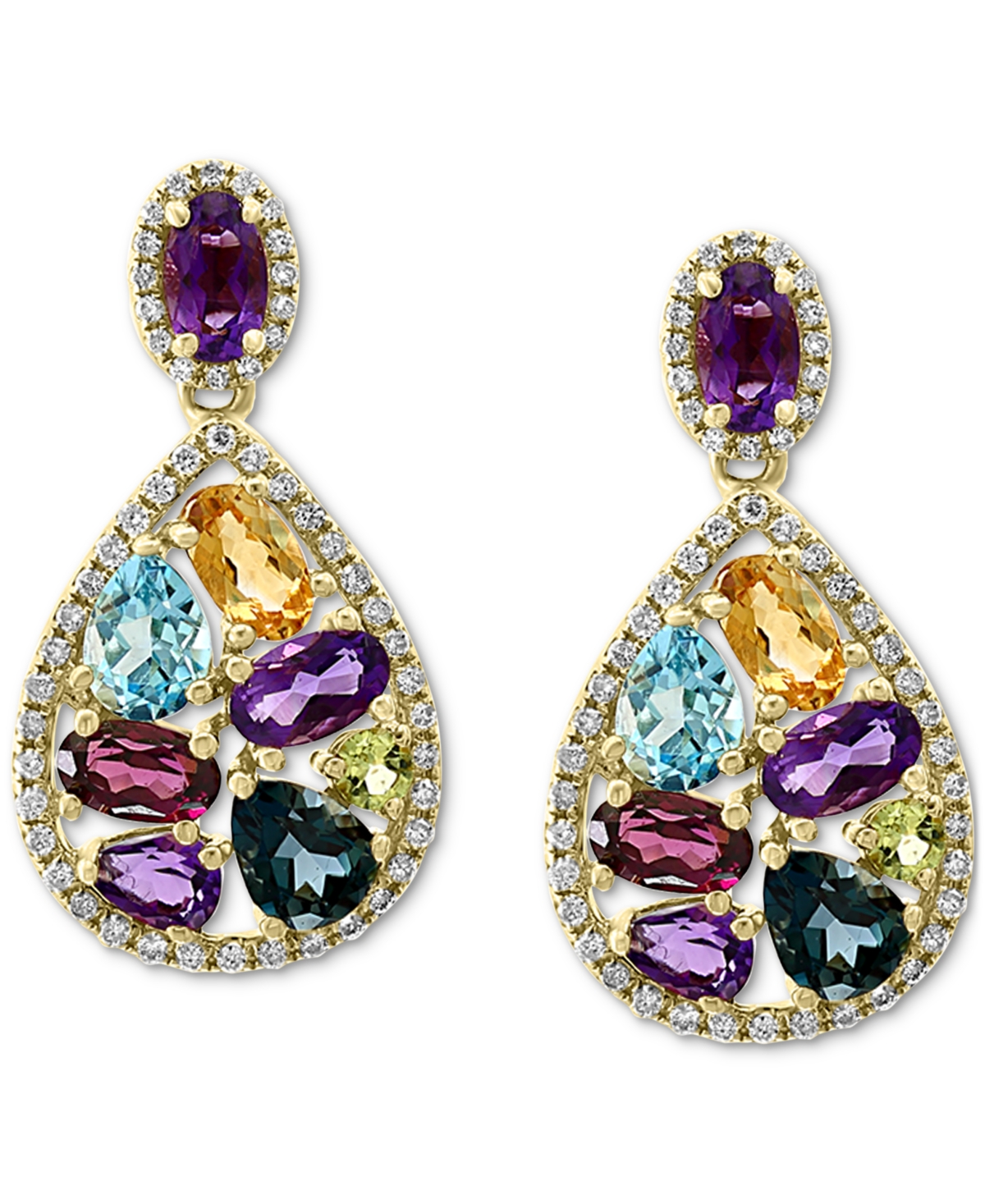Effy Collection Effy Multi-gemstone (4-1/3 Ct. T.w.) & Diamond (3/8 Ct. T.w.) Pear Halo Drop Earrings In 14k Gold In Yellow Gol