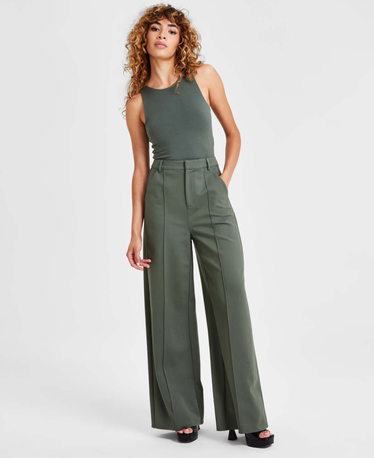 Bar Iii Women's High-Leg Wide-Leg Seamed Ponte Pants, Created for Macy's