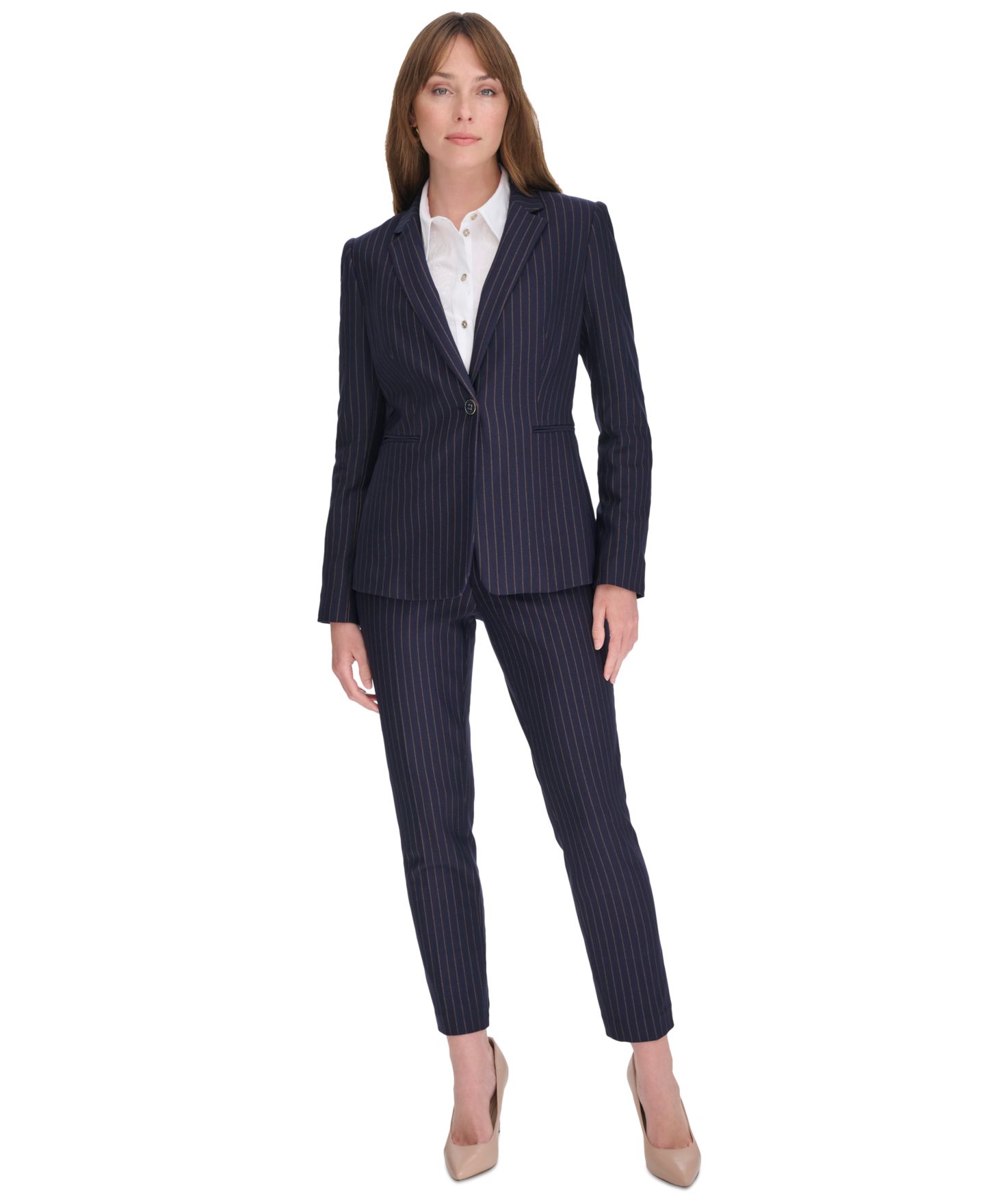 Женский пиджак Tommy Hilfiger Pinstripe Slim-Fit Single-Button Blazer, цвет: Mdngt/Taba — фото 3