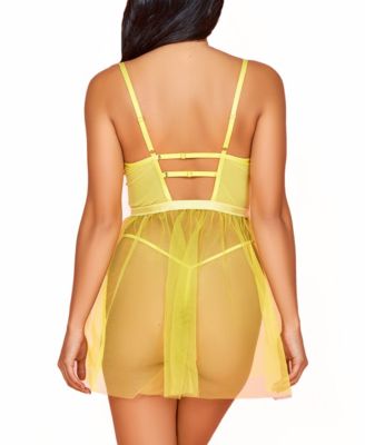 Women’s 2 PC Organza Babydoll Lingerie Set with Floral Laced Bodice