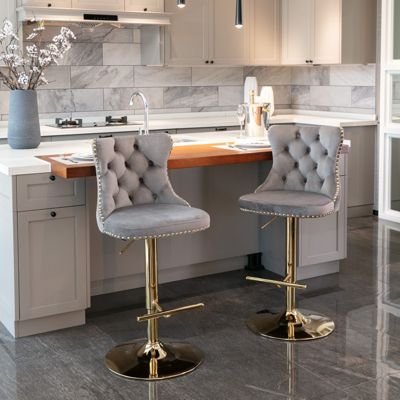 Streamdale Set of 2 Gray Velvet Bar Stools, Adjustable Height
