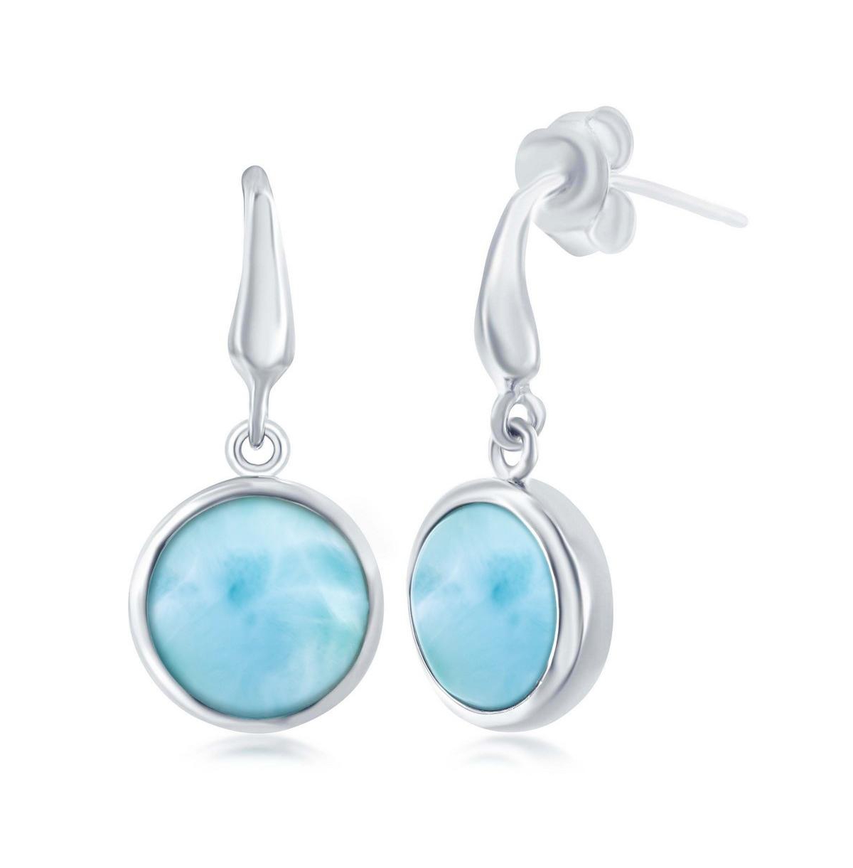 Sterling Silver Bezel-set Round Larimar Dangle Earrings - Blue