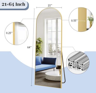64"x21" Arched Full-Length Mirror with Gold Aluminum Alloy Frame, Rounded Corners, Standing, Hanging, Leaning