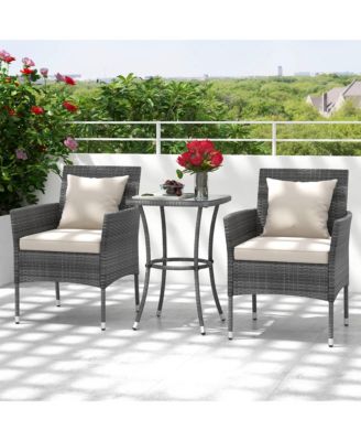 3-Piece Patio Furniture Set PE Wicker Conversation Bistro Set w/ A Tempered Glass Table