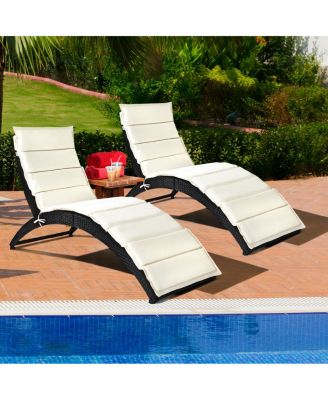 2PCS Foldable Rattan Wicker Chaise Lounge Chair w/ Cushion Patio Outdoor