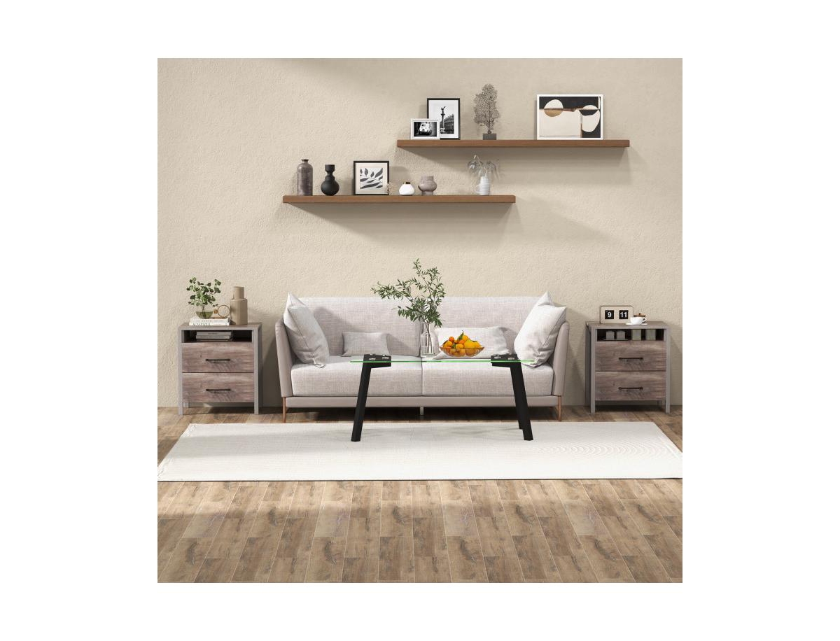 Slickblue Nightstand with 2 Drawers Farmhouse Bed Side Table with Open Storage Shelf- Grey