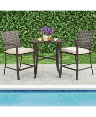 3 Pieces Rattan Bar Furniture Set with Slat Table and 2 Cushioned Stools