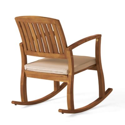 Acacia Wood Rocking Chair with Weather-Resistant Cushions and Slat Panel Design