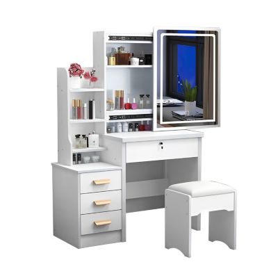 Streamdale White Vanity Desk Set with Mirror, Lights and Chair