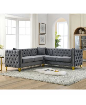 Streamdale 82.2" Velvet L-Shaped Corner Sofa, 5-Seater, 3 Cushions