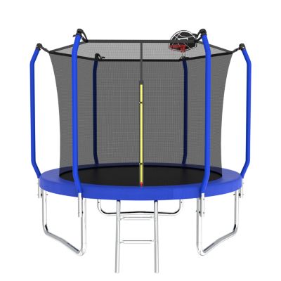 10FT Blue Trampoline with Safety Net, Basketball Hoop & Ladder