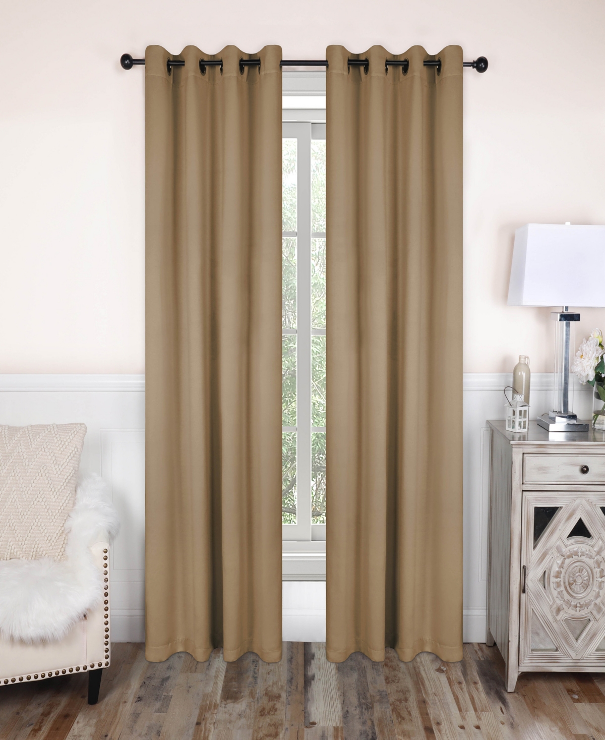 Solid Classic Modern Wrinkle Resistant Room Darkening 2-Piece Curtain Set with Grommet Header Top, 52" X 63" - Snow white