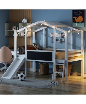 Streamdale Twin Loft Bed with Ladder, Slide, Blackboard, and Light Strip