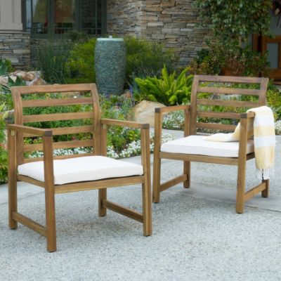 Natural Acacia Wood Outdoor Armchair with White Cushions (Set of 2)