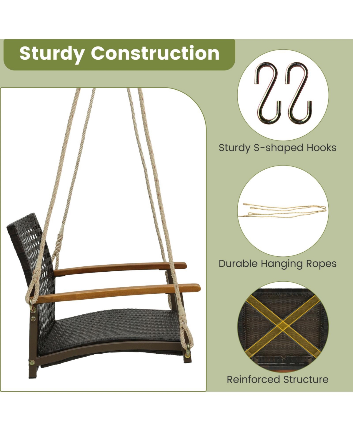 Slickblue Single Rattan Porch Swing with Armrests Cushion and Hanging Ropes- White