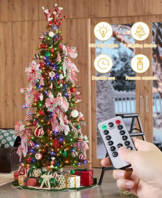 7.5ft Pre Lit Green Slim Fir Artificial Christmas Tree with 350 strawberry Lights,9 Functional Warm White Multi color, remote controller