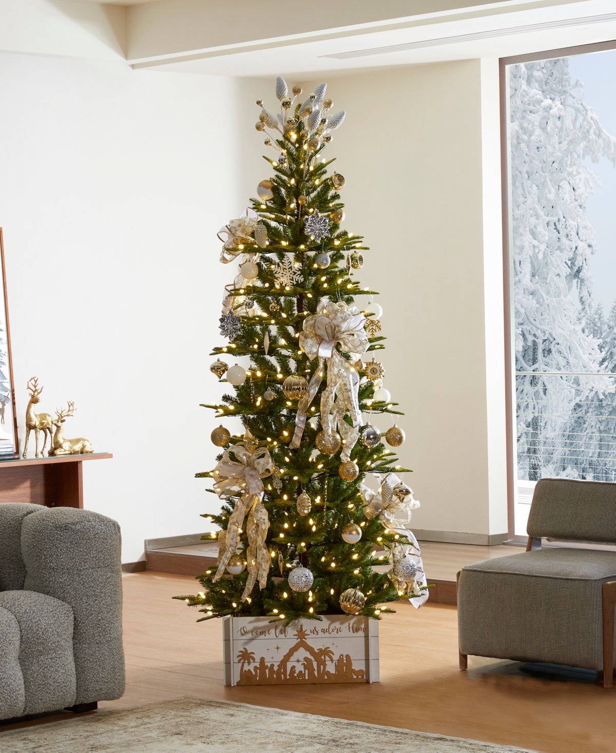Glitzhome 7.5ft Pre Lit Green Slim Fir Artificial Christmas Tree With 350 Strawberry Lights,9 Functional Warm In Multi