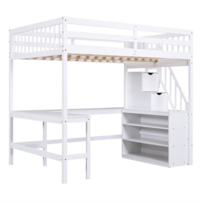 Streamdale Loft Bed with Desk, Shelves, and Staircase, Gray