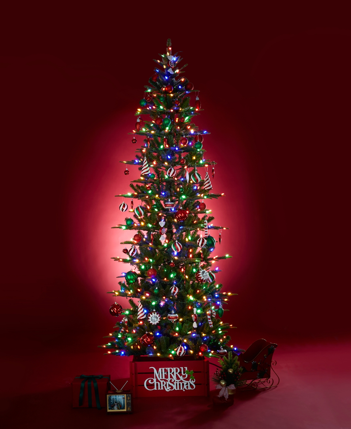 Glitzhome 9ft Pre Lit Green Slim Fir Artificial Christmas Tree With 500 Strawberry Lights,9 Functional Warm Wh In Multi