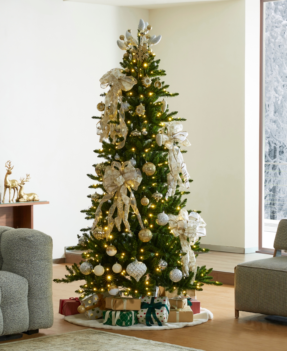 Glitzhome 7.5ft Pre Lit Green Slim Fir Christmas Tree With 400 Light Emitting Diode Lights, 9 Functional Warm In Multi