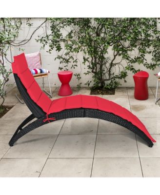 Foldable Rattan Wicker Chaise Lounge Chair w/ Red Cushion Patio Outdoor