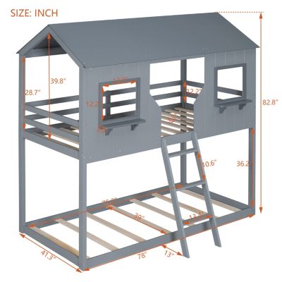 Streamdale Gray Bunk Bed with Roof, Window, and Guardrail