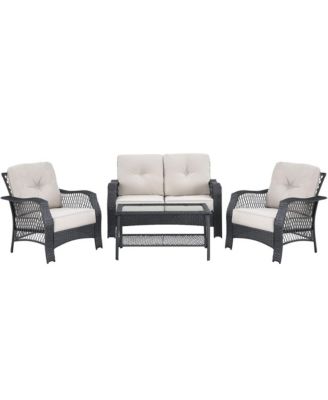 4 Pieces Patio Wicker Furniture Set Loveseat Sofa Coffee Table with Cushion-Beige