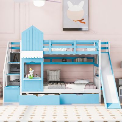 Streamdale Castle Bunk Bed w/ Drawers, Shelves, Slide (Pink)
