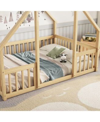 Simplie Fun Full Wood House-Shaped Floor Bed with Fence, Guardrails, Natural