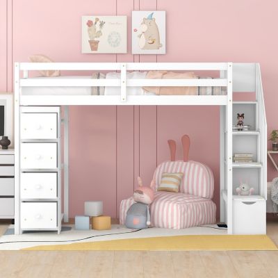 Twin Loft Bed with Drawers & Stairs, Shelves
