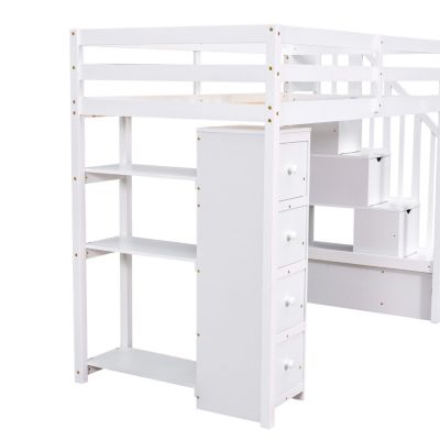 Twin Loft Bed with Drawers & Stairs, Shelves