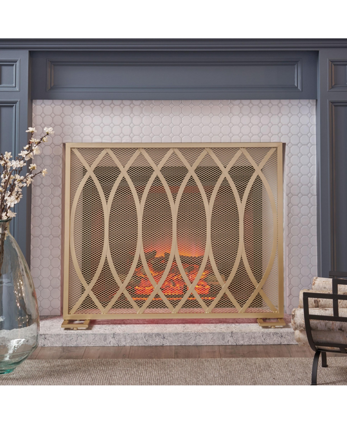 Streamdale Furniture Minimalist Single Panel Fire Screen with Overlapping Lens Pattern,- Gold