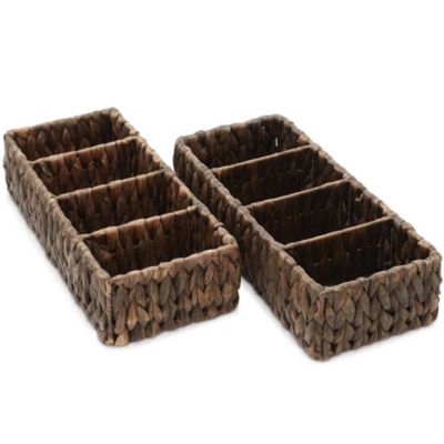 Set of 2 Water Hyacinth Storage Baskets with 4 Sections, Natural - Woven Bin Organizers for Bathroom, Laundry, Pantry, Office, Shelves
