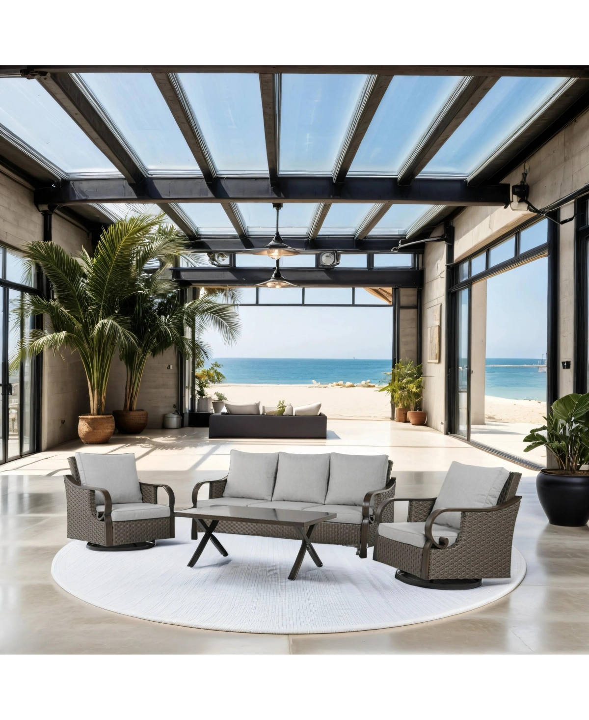 Mondawe Patio Wicker 3-Seat Sofa Couch and Swivel Single Sofa Chairs Table Set, With Cushions In Metal Frame For Outdoor