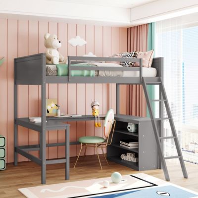 Streamdale Full Size Loft Bed With Shelves And Desk, Wooden Loft Bed With Desk