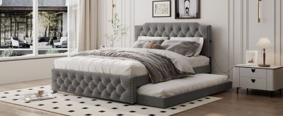 Streamdale Gray Upholstered Queen Platform Bed with Trundle & USB Ports