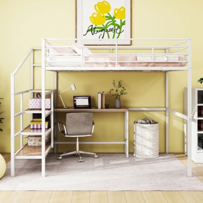 Streamdale Full Size Metal Loft Bed With Desk And Lateral Storage Ladder