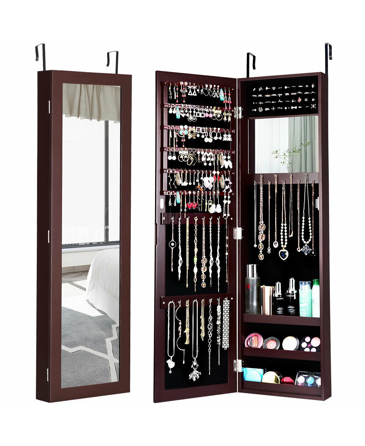 Full Length Mirror Jewelry Cabinet with Ring Slots and Necklace Hooks-Brown - Brown