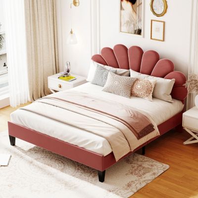 Velvet Platform Bed with Flower Headboard